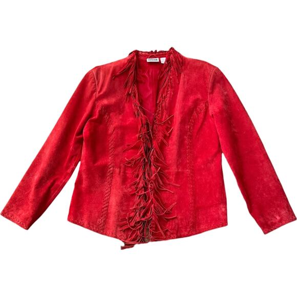 Y2K Western Boho Chico’s Design Red Suede Fringe Leather Jacket Size 2 (M/L) - Picture 16 of 16